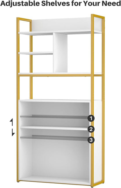 White Industrial Bookshelf, 6 Tier Tall Bookshelves Wood and Gold Metal Frame Standing Bookcase, Display Book Shelf with Adjustable Storage Shelves for Home Office, Living Room, Bed Room, White - LeafyLoom