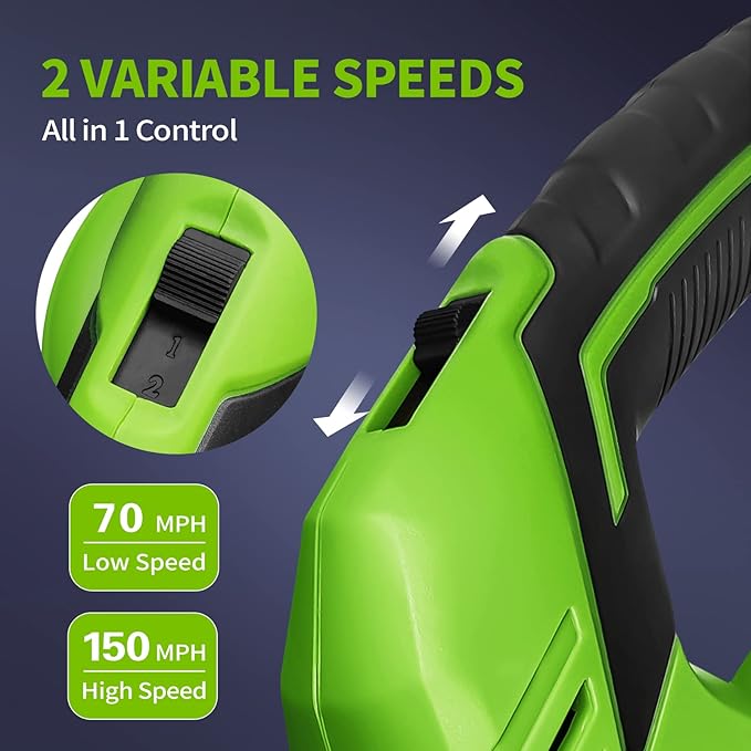 SEYVUM Leaf Blower, 20V Cordless Leaf Blower with 2 Pcs Battery, Electric Leaf Blower for Lawn Care, 320CFM 150MPH Battery Powered Leaf Blower, for Patio, Garden Cleaning, Fast Charger Included, Green - LeafyLoom