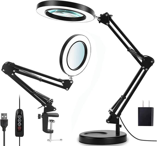 Magnifying Glass with Light and Stand, 10X Magnifying Lamp, 2-in-1 Desk Lamp with Clamp,3 Color Modes & Stepless Dimmable, LED Lighted Magnifier for Reading, Crafts, Repair Work (Black) - LeafyLoom