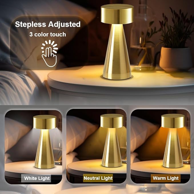 Portable Metal Desk Lamp, Cordless LED Table Lamp,3 Color Touch Control Rechargeable Lamp,3-Levels Brightness Room Decor Desk Lamp,Bedside Lamp,Night Light, Dining Room Lamp (Gold) - LeafyLoom