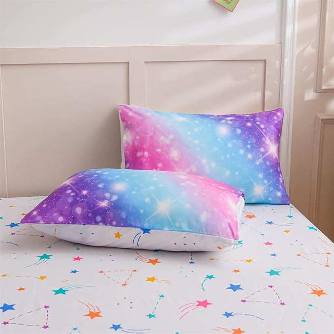 Holawakaka Girls Space Star Rainbow Glitter Comforter Set Ombre Galaxy Print Gradient Reversible Bedding Set Full Size Kids Bed Sets (Pink Lavender, Full) - LeafyLoom