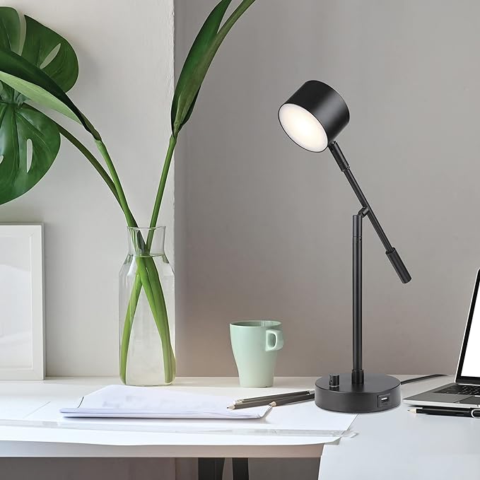 Globe Electric 52271 Aristocrat 16" Integrated LED Swing Arm Desk Lamp, Matte Black, Dimmable On/Off Rotary Switch at Base, 2.1A USB Port - LeafyLoom