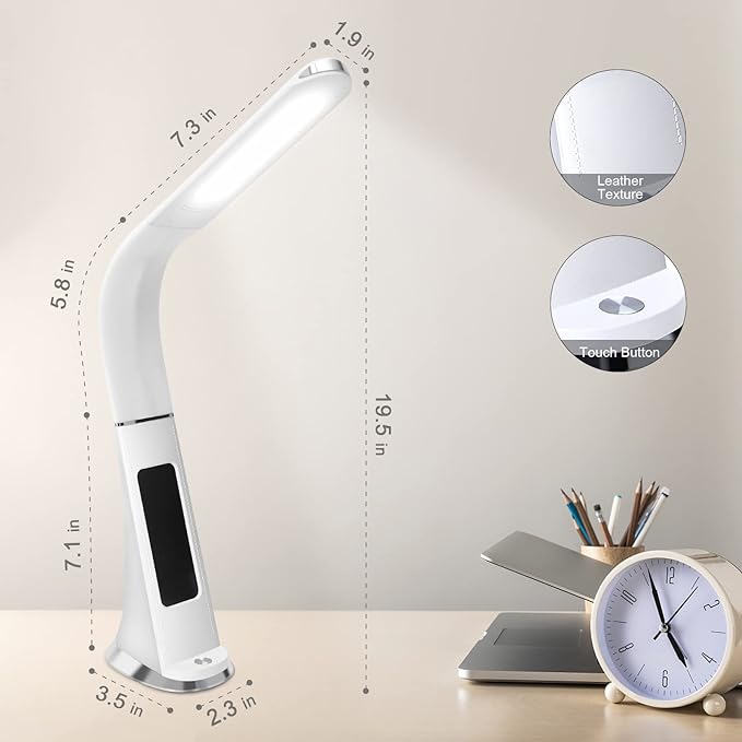 LED Desk Lamp with Digital Display Calendar Temperature,Rechargeable Desk Lamp for Home Office with Adjustable Neck,Dimmable Reading Light with Touch Control,Cordless Study Lamp with USB Charging Port - LeafyLoom