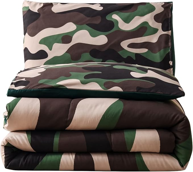 Meeting Story Camouflage Bedding Set, Colorful Pattern Style Comforter Set, 5 PCS One Comforter Two Pillowcases Two Sheets in One Bag, All Season Bedspread for Teens Adults (Green, Full 5Pcs) - LeafyLoom