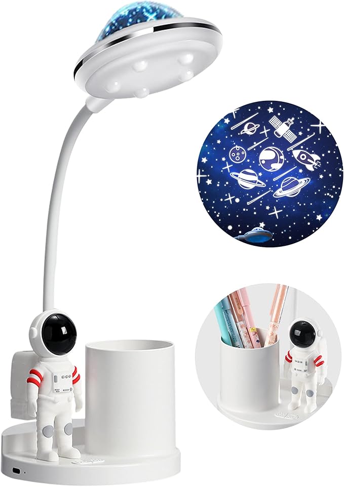 Astronaut Desk Lamp for Kids,Star Space Projector Galaxy Night Light,Eye-Care Reading Small Desk Lamps, with Pen Holder Spaceman Table Lamp, Bedroom Decor Aesthetics, Gifts for Boys and Girls - LeafyLoom