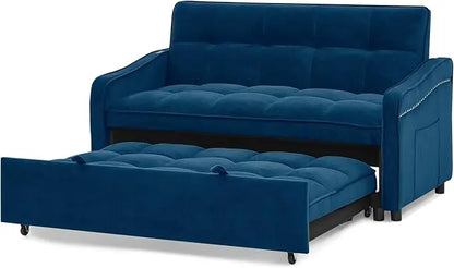 Tufted Convertible Futon Loveseat Pull Out Couch Bed 3 in 1 Velvet Upholstered Sleeper Sofa Recliner Love Seat Lounge Chaise Daybed with Adjustable Backrest Type C and USB Charging for Living Room - LeafyLoom