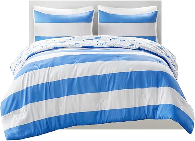 Mizone Kids Blake Reversible Dolphin Comforter Set - Adventure Animal Adorable Print with Stripe Reverse, Fun Bedroom Décor, Modern All Season Kids Bedding, Matching Sham, Full/Queen, Blue 3 Piece - LeafyLoom