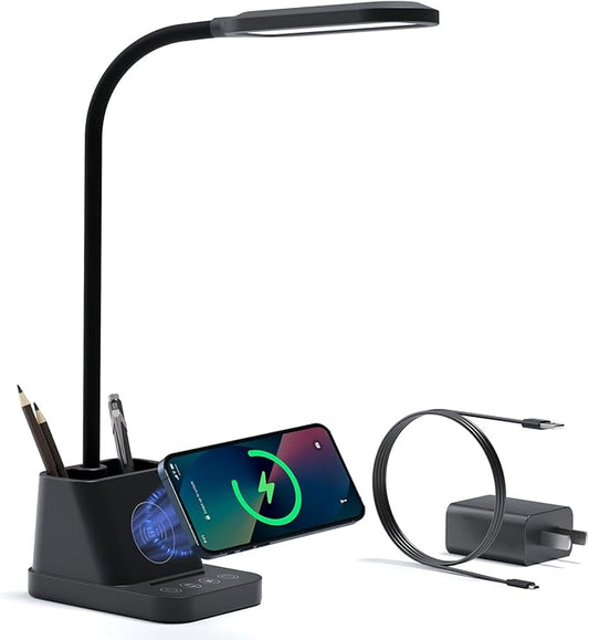 AXX LED Desk Lamp for Home Office, Small Desk Light with Wireless Charger, Black, Bright, Pen Holder, Mini, Kids Study Lamps for College Dorm Room, Task Lamp for Puzzles/Crafts/Bedrooms Reading - LeafyLoom