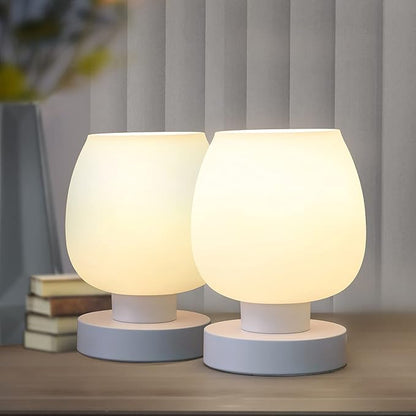 Touch Bedside Table Lamp Set of 2 - Small Modern Table Lamp for Bedroom Living Room Nightstand, 3-Way Dimable Desk lamp with White Opal Glass Lamp Shade, 2700K LED Bulb, Simple Design Home Decor - LeafyLoom