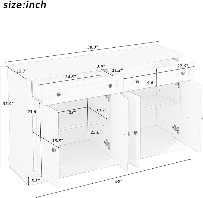 60" Sideboard Storage Buffet Cabinet with 2 Drawers,Wooden Console Table,W/ 4 Doors,Adjustable Shelves,Not Easy to Deform,for Dining Room/Kitchen/Entryway,White - LeafyLoom