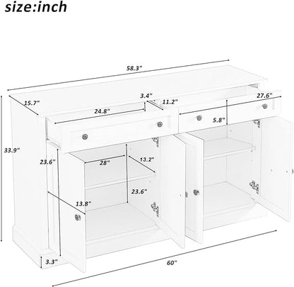 60" Sideboard Storage Buffet Cabinet with 2 Drawers,Wooden Console Table,W/ 4 Doors,Adjustable Shelves,Not Easy to Deform,for Dining Room/Kitchen/Entryway,White - LeafyLoom