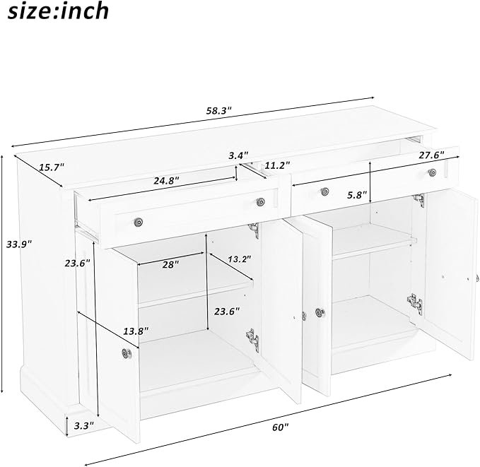 60" Sideboard Storage Buffet Cabinet with 2 Drawers,Wooden Console Table,W/ 4 Doors,Adjustable Shelves,Not Easy to Deform,for Dining Room/Kitchen/Entryway,Antique White - LeafyLoom