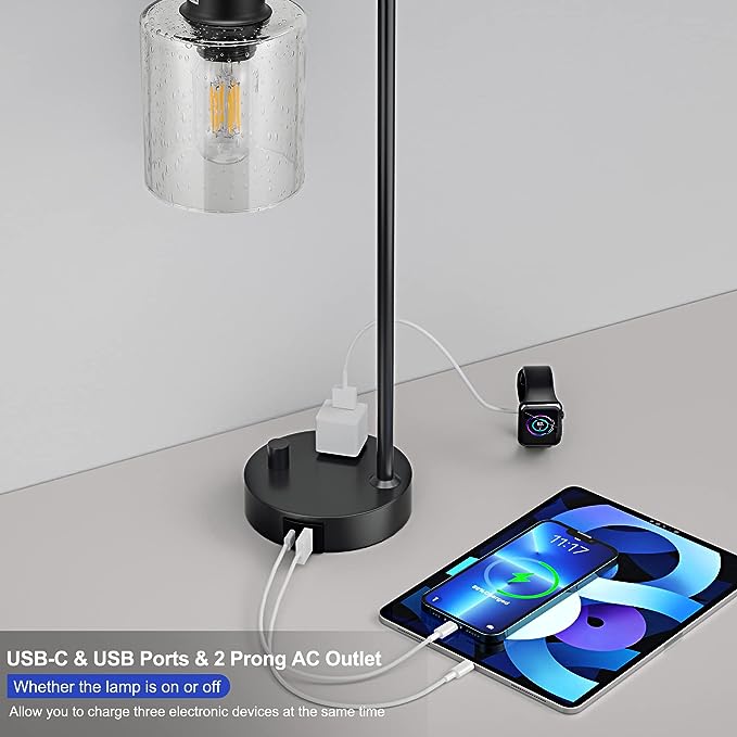 Industrial Bedside Table Lamp for Bedroom - Nightstand Lamps with USB C Charging Port, Fully Dimmable Black Ports and Outlets, Small Desk Glass Shade Office Living Room - LeafyLoom