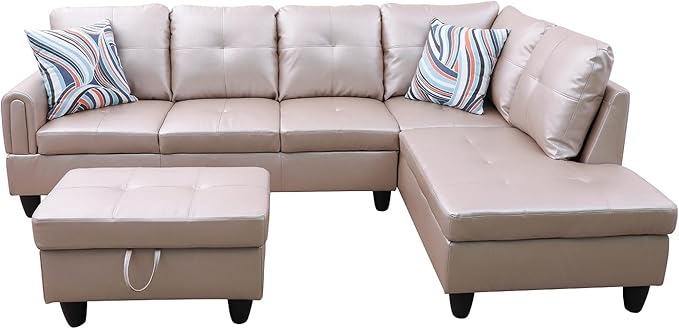 3-Piece L-Shaped Sectional Couches Lounge & Storage, 97.5'' Linen Modular Living Room Home Office, 3pcs 97'' Sofa+66.5'' Chaise+28.5'' Ottoman(Right), Latte Faux Leather - LeafyLoom