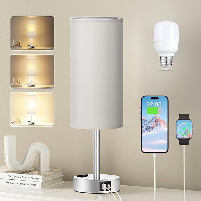 Light Grey Table Lamp for Nightstand - 3 Way Dimmable Touch Bedside Lamp USB C and A Charging Ports and AC Outlet, Small Desk Lamp with Silver Base for Office Nursery, LED Bulb Included - LeafyLoom