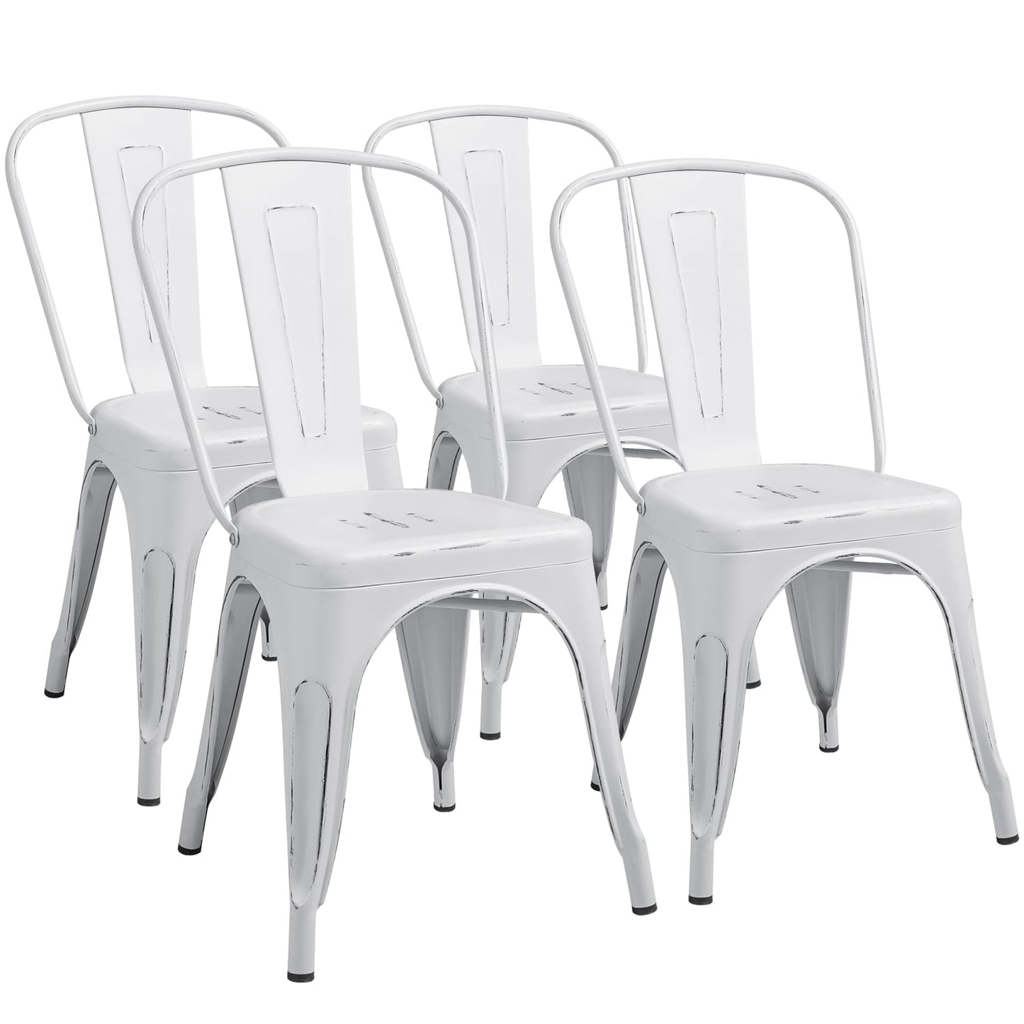 Furmax Metal Dining Chair Indoor Outdoor Use Stackable Chic Side Classic Trattoria Metal Chairs Set of 4 for Kitchen, Dining Room, Bistro and Cafe (Distressed White) - LeafyLoom