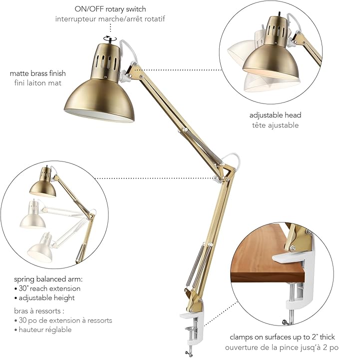 Globe Electric 62000010 32" Multi-Joint Desk Lamp with Metal Clamp, Matte Brass, White Accents, On/Off Rotary Switch on Shade, Partially Adjustable Swing Arm, Home Décor, Office Accessory - LeafyLoom