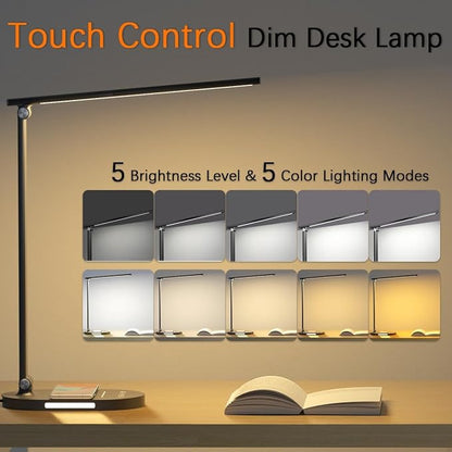 Clearance LED Desk Lamp with Wireless Charger for Home Office, Table Lamp with 2 Night Light for Bedroom, with USB Charging Port, 60min Timer AUTO-OFF, 5 Modes Dimmable Office Lamp, Adjustable, Black - LeafyLoom