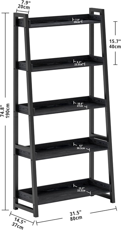 IRONCK Industrial Bookshelf 5-Tier 31.5in Wide, Bookcase Ladder Shelf, Storage Shelves Rack Shelf Unit, Accent Furniture Metal Frame, Home Office Furniture for Bathroom, Living Room - LeafyLoom