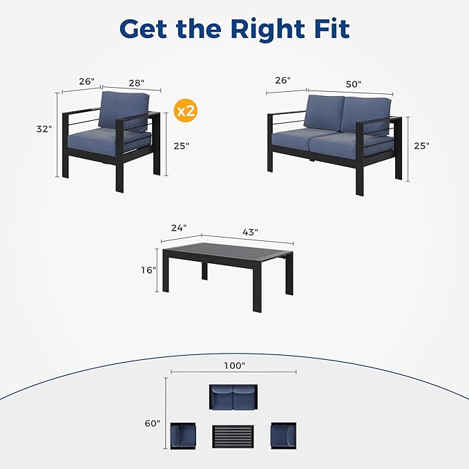 Wisteria Lane 4-Piece Aluminum Patio Furniture Set, Outdoor Furniture with Coffee Table, Metal Sofa Set for Deck, Porch, Balcony, Indoor, Black Frame & Blue Cushion - LeafyLoom