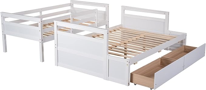 Bunk Bed Frame, Twin Over Full Bunk Bed with Safety Guardrail, Staircase and 2 Underbed Storage Drawers, Ideal Bed Frame for Kids Teens Girls Boys, Space Saving Bedroom Furniture, White - LeafyLoom