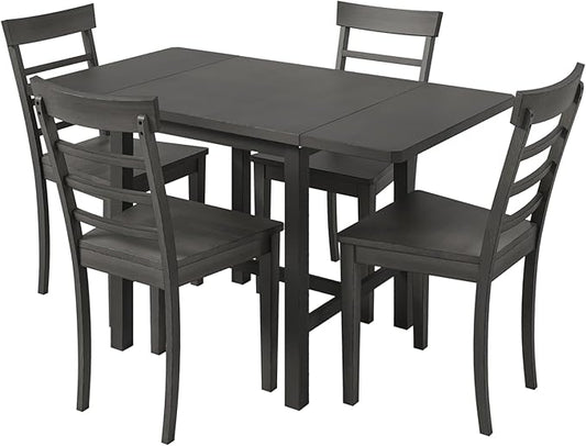 Merax Wood Breakfast Nook Extendable Dining Table Set with 4 Ladder Back Chairs for Small Places, 5-Piece Square Drop Leaf, Gray - LeafyLoom