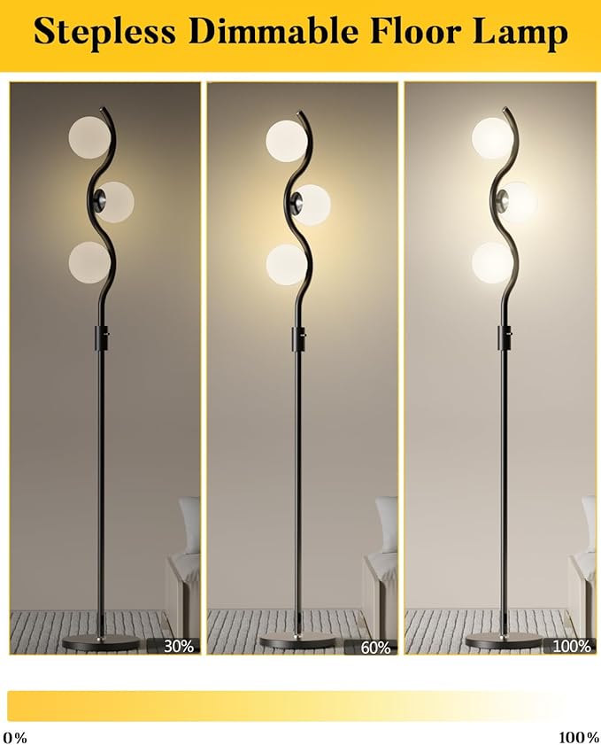 Lightdot 60IN Dimmable (Brightness Adjustable) Black Floor Lamp, Mid Century Standing Lamps with 3 Globe Soft Warm White Eye Care 3000K Bulbs Included, Modern Tall Lamp for Bedroom Office - LeafyLoom