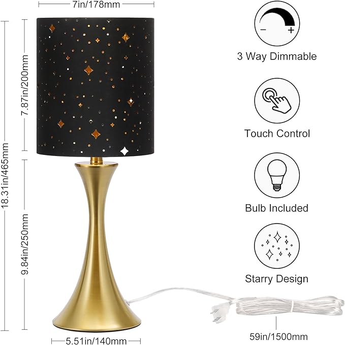 Touch Lamp for Bedroom, 3 Way Dimmable Gold Table Lamp with Black Starry Shade, Decorative Nightstand Lamp Ambient Beside Light for Living Room, Guest Room, Office 3000K LED Bulb Included - LeafyLoom