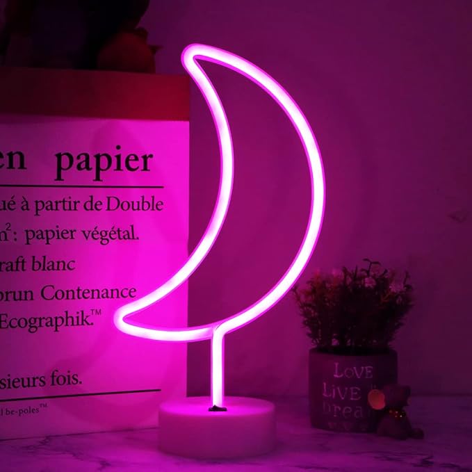 LED Neon Moon Lights, Moon Shape Neon Signs Crescent Night Lights Battery Operated Desk Table Lamp for Bedroom, Bar, Wall Decor-Moon with Holder Base(Pink) - LeafyLoom