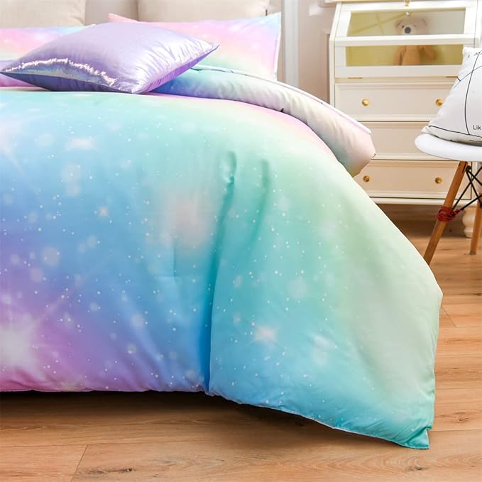 Holawakaka Girls Ombre Glitter Comforter Set, Full Size Gradient Rainbow Galaxy Print Kids Bedding Sets, Multi-color Ultra-soft Dorm Bed Set (Pink Green, Full) - LeafyLoom