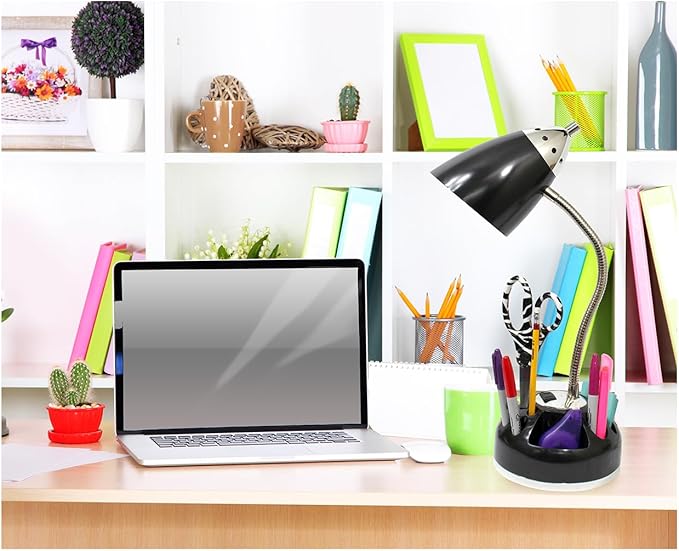 Simple Designs LD1015-BLK Flossy Organizer Desk Lamp with Charging Outlet and Lazy Susan Base, Black - LeafyLoom