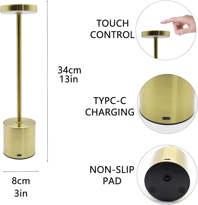 2 Pack Cordless Table Lamp Rechargeable 5000mAh Battery Operated Portable LED Desk Lamp 3 Color Temperature Stepless Dimming for Bedroom Restaurant Coffee Shop Party (Gold) - LeafyLoom