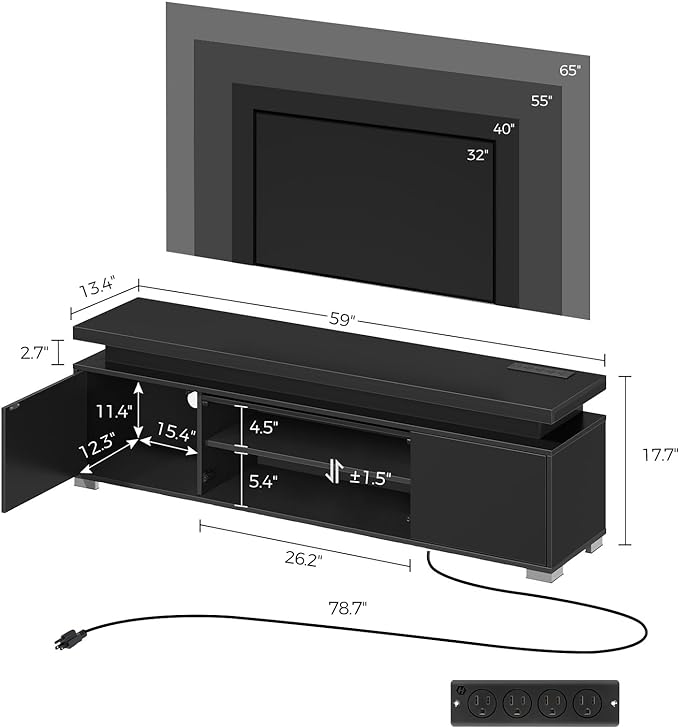 Rolanstar TV Stand with Power Outlet & LED Lights, Modern Entertainment Center for 32/43/50/55/65 Inchs TVs, TV Table, Universal Gaming LED TV Media Stand with Large Storage Cabinet, Black - LeafyLoom