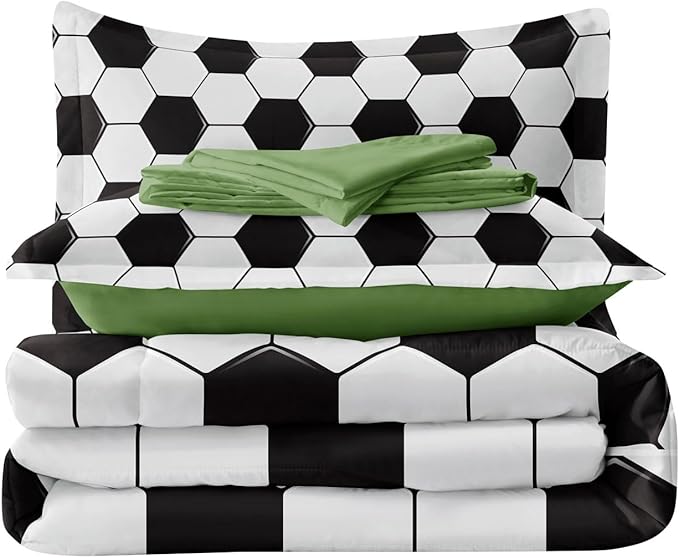 Soccer Comforter Set Twin for Boys Girls, 4 Pieces Soccer Bedding Twin Bed in a Bag Set with Sheets, Black and White Bed Sets for Teenage - LeafyLoom