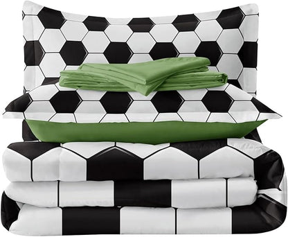 Soccer Comforter Set Full for Boys Girls, 5 Pieces Soccer Bedding Twin Bed in a Bag Set with Sheets, Black and White Bed Sets for Teenage - LeafyLoom