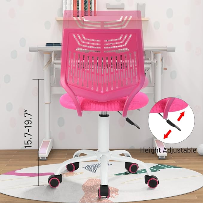 FurnitureR Desk Chair Armless Cute Home Office Desk Chair for Kids, Swivel Computer Task Chair Study Chair with Mesh Padded Cushion and Rolling Wheels for Child, Pink - LeafyLoom