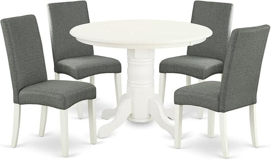 East West Furniture SHDR5-LWH-07 5 Piece Kitchen Set Includes a Round Room Table with Pedestal and 4 Gray Linen Fabric Parson Dining Chairs, 42x42 Inch - LeafyLoom