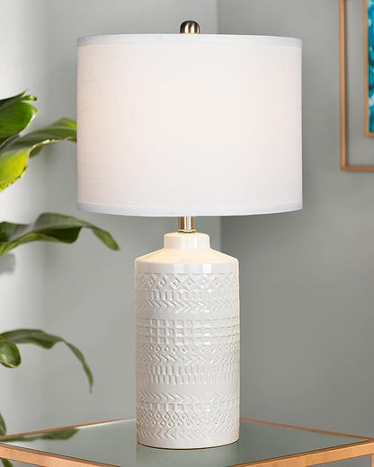 24.5" White Ceramic Table Lamp: 3-Way Dimmable Nightstand Lamp with White Linen Shade | Office Reading Lamp Bedside Lamp White Lamp for Bedrooms & Living Room (Bulb Included) - LeafyLoom