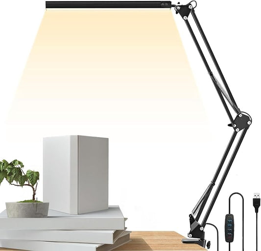 LED Metal Swing Arm Desk Lamp with Clamp, 14W Eye-Caring 3 Modes, 30 Brightness Dimmable, Memory Function/USB Adapter, Architect Table Light for Home Office (Black) - LeafyLoom