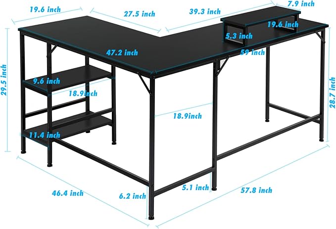 L-Shaped Desk,Corner Computer Desk with Storage Shelves,Large Gaming Desk PC Laptop Writing Workstation with Monitor Stand for Home Office Black - LeafyLoom