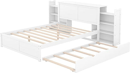 Storage Platform Bed Frame Queen with Pull Out Shelves and Twin XL Size Trundle, Wooden Platform Bed with Storage Headboard for Bedroom, No Box Spring Needed, Easy Assembly, White - LeafyLoom