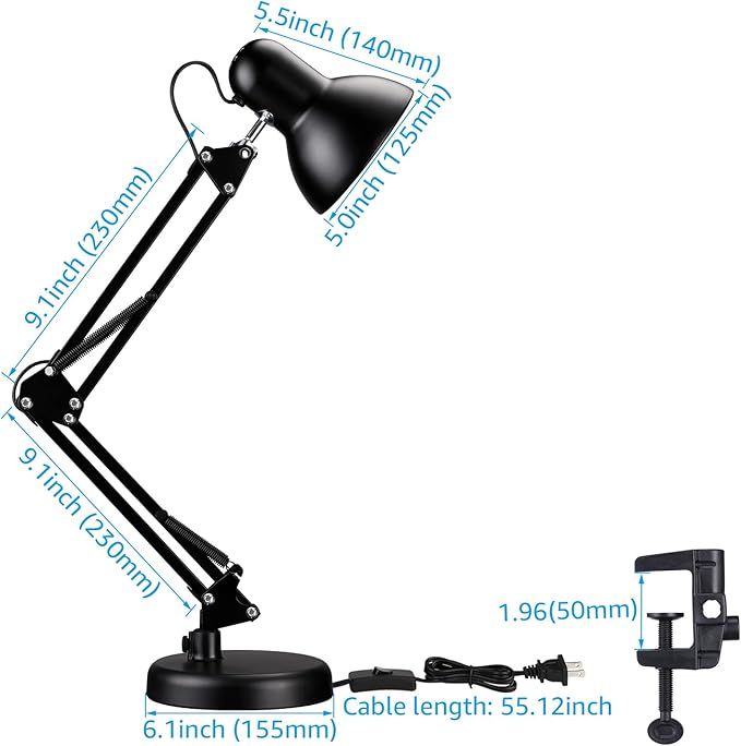 TORCHSTAR Metal Desk Lamp with Clamp, Swing Arm , Architect Adjustable Gooseneck Table Lamp, Clip Desk Lights for Home Office, Work, Study, Reading, E26 Base, Multi-Joint, Black - LeafyLoom