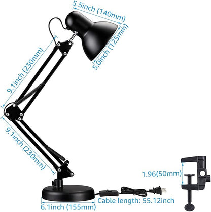 TORCHSTAR Metal Desk Lamp with Clamp, Swing Arm , Architect Adjustable Gooseneck Table Lamp, Clip Desk Lights for Home Office, Work, Study, Reading, E26 Base, Multi-Joint, Black - LeafyLoom