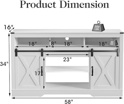 Farmhouse TV Stand for 23" Fireplace, 34'' Tall Entertainment Center for 65+ Inch TV, Rustic TV Console with Sliding Bar Door for Living Room (White) - LeafyLoom