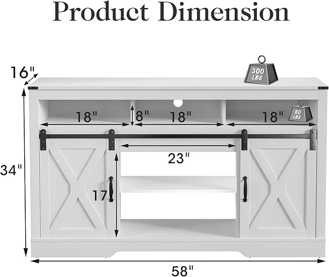 Farmhouse TV Stand for 23" Fireplace, 34'' Tall Entertainment Center for 65+ Inch TV, Rustic TV Console with Sliding Bar Door for Living Room (White) - LeafyLoom