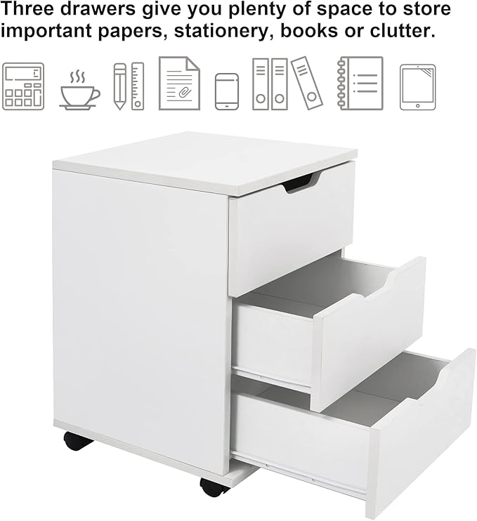 Farini 3-Drawer Vertical Filing Cabinet Rolling Wood Mobile File Cabinets Under Desk for Home Office with Casters (White, Non-Assembled) - LeafyLoom