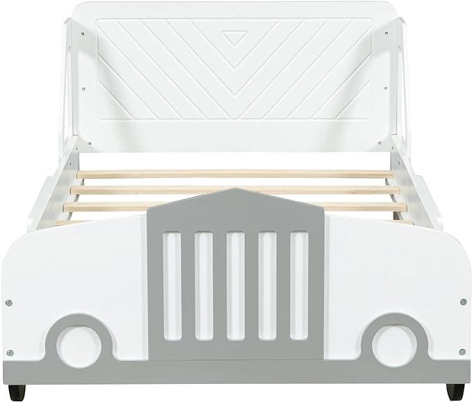 Twin Size Car-Shaped Bed Frame for Kids,Wooden Platform Bed with Wheels and Side Rails for for Boys Girls,Wood Slat Supports,No Box Spring Needed,White - LeafyLoom