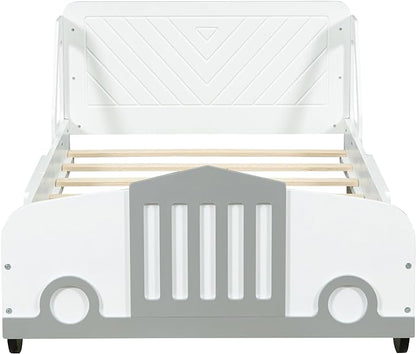 Twin Size Car-Shaped Bed Frame for Kids,Wooden Platform Bed with Wheels and Side Rails for for Boys Girls,Wood Slat Supports,No Box Spring Needed,White - LeafyLoom