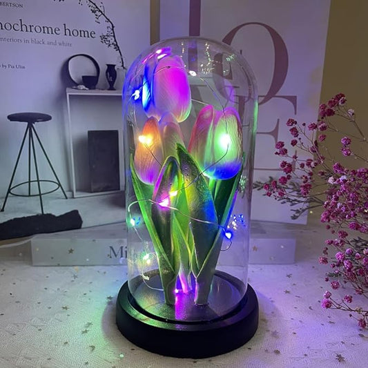 LED Tulip Lamp Artificial Flower Night Light Handmade Light up Tulips in Glass Dome Table Lamp Ornaments Desktop Decor - Battery Operated (Pink-Colour light) - LeafyLoom