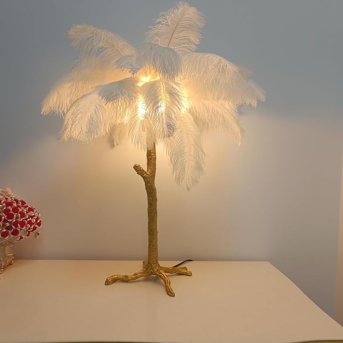 White Bedside Lamp Ostrich Feather Desk Lamp Gold Resin Ostrich Feather Table Lamp, Girls Gift Romantic Wedding Decoration Palm Tree Lamps G4*3 - LeafyLoom